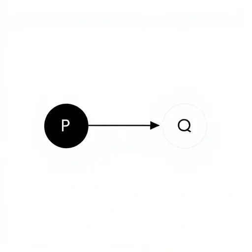 A minimalist abstract representation of classical material implication in logic: a single arrow pointing from a dark circle labeled 'P' to a light circle labeled 'Q', with a subtle gradient background suggesting truth values transitioning from false to true, no text or symbols beyond the arrow and circles, clean lines, high contrast, monochrome with soft gray tones