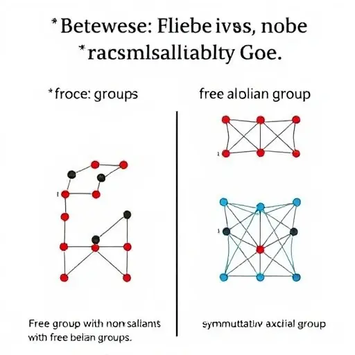 A visual representation of the comparison between free groups and free abelian groups, focusing on the commutative axiom. The image should depict two abstract structures: one representing a free group with non-commutative elements and another representing a free abelian group with commutative elements. Use geometric shapes or interconnected nodes to illustrate the group elements and their relationships. Highlight the commutative property in the abelian group by showing symmetric or balanced conn