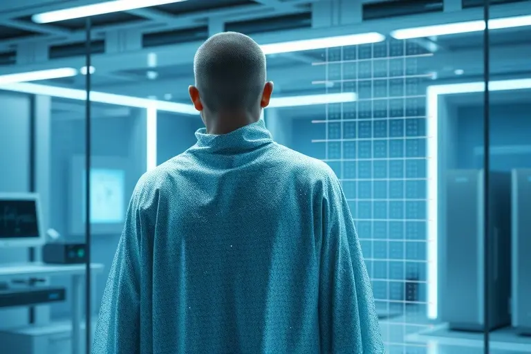 A futuristic laboratory scene showing a scientist observing a partially invisible object made of shimmering metamaterial, with light bending around it to create a cloaking effect, subtle grid patterns in the air indicating electromagnetic field manipulation, soft blue and silver tones, high-tech equipment in the background, no visible seams or seams on the cloak, realistic sci-fi aesthetic