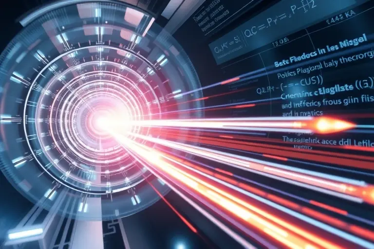 A futuristic scientific visualization showing glowing light bullets (coherent photon pulses) traveling through a vacuum chamber, with visible electromagnetic wave patterns, quantum interference fringes, and subtle lens flare effects, surrounded by holographic displays of equations related to photonics and plasma physics, in a high-tech laboratory setting with metallic surfaces and soft blue-white ambient lighting