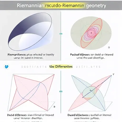 A visual representation of the conceptual differences between Riemannian and pseudo-Riemannian geometry, focusing on the differentiation of causal structures and types of intervals in pseudo-Riemannian geometry. The image should depict abstract geometric shapes and structures, with clear distinctions between the smooth, curved surfaces of Riemannian geometry and the more complex, potentially warped and intersecting surfaces of pseudo-Riemannian geometry. Use contrasting colors to highlight the d