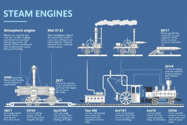 An historical illustration of the development of steam engines, showing key milestones such as Newcomen's atmospheric engine, Watt's improved steam engine, and early locomotive applications, rendered in a detailed technical diagram style with no text or labels
