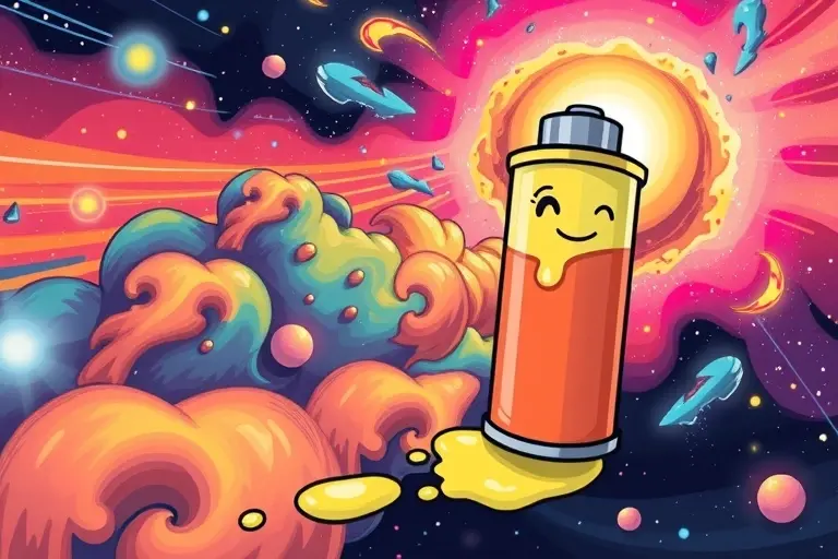 A vibrant illustration depicting the concepts of exceeding the speed of light and the taste of a sour battery. The background should be a swirling nebula of cosmic colors representing the speed of light barrier. In the foreground, a stylized battery with visible acid leaking out, depicted with a slightly humorous and cartoonish style.
