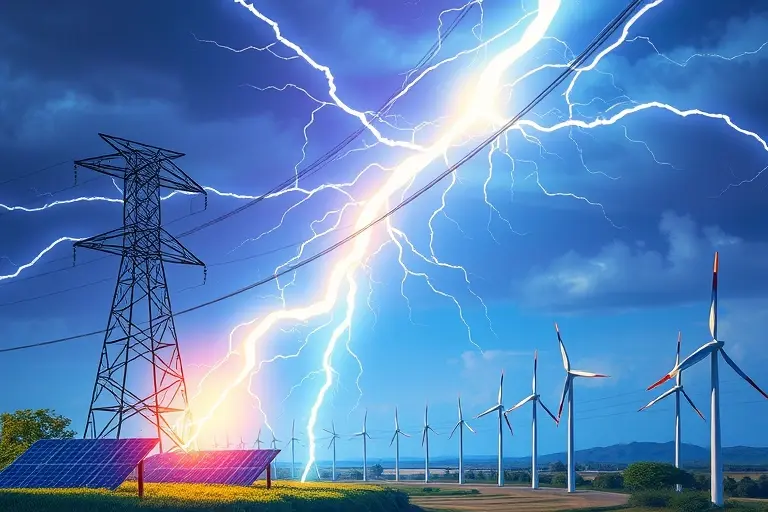 A bright, realistic illustration of a lightning bolt striking a modern power grid tower, with glowing electrical arcs connecting to solar panels and wind turbines, symbolizing the conversion of natural lightning into usable energy, vibrant colors, high detail, no text or symbols