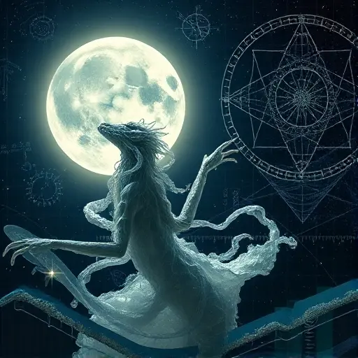 A surreal and cosmic composition depicting a monstrous, ethereal lunar entity performing a serenade. The moon has an abstract, organic, and slightly monstrous form with crystalline structures and flowing celestial energy. In the background, complex geometric patterns, mathematical grids, and structural diagrams of sporadic groups float in a deep space void, blending theoretical physics with dark fantasy. Ethereal light, iridescent colors, cinematic lighting, highly detailed cosmic dust.