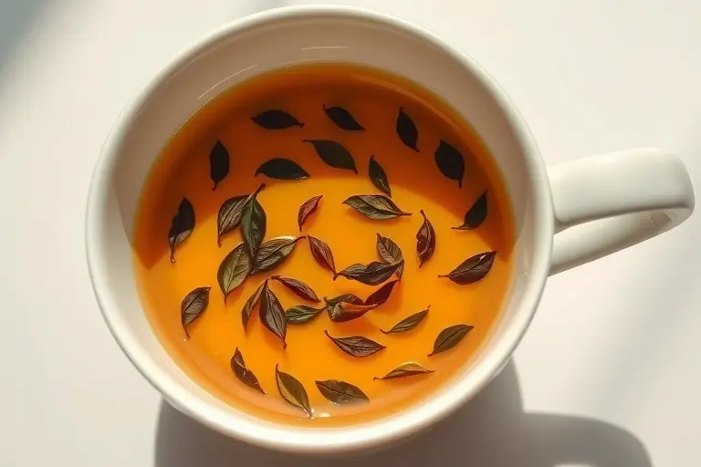 A serene teacup with tea leaves swirling in a circular pattern due to the tea being stirred, illustrating the tea leaf paradox, with soft natural lighting, detailed textures of porcelain and leaves, and a minimalist background to emphasize the physical phenomenon