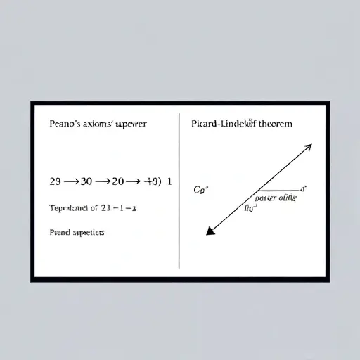 A visual representation comparing Peano's axioms and the Picard-Lindelöf theorem. Depict a split screen. On the left, show a simplified diagram illustrating Peano's axioms – perhaps a set of basic building blocks or a simple number line with arrows indicating successor. On the right, show a graph illustrating the Picard-Lindelöf theorem – a function and its derivative, with an arrow indicating a solution path converging to an equilibrium point. The overall aesthetic should be clean and informati
