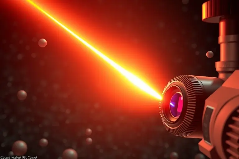 A detailed scientific illustration of coherent backscattering of light: a laser beam entering a scattering medium, producing a bright backscattering cone opposite the incident direction, with visible interference fringes representing echo‑coherence, realistic optical components such as lenses and a microscope objective, rendered in high‑resolution realistic style