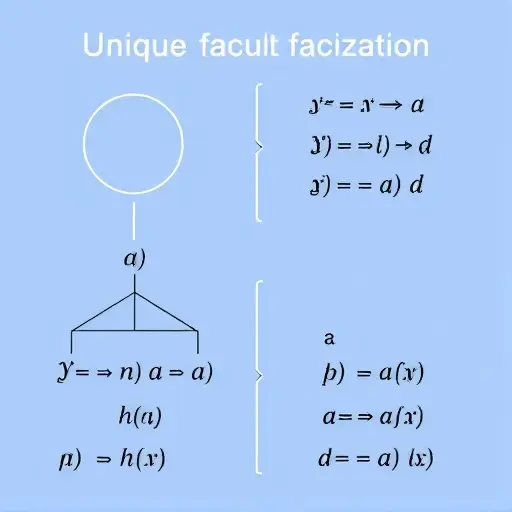 A symbolic mathematical illustration representing unique factorization in principal ideal domains (PIDs), showing abstract algebraic structures like rings, ideals, and prime elements transforming into irreducible factorizations, with visual metaphors such as factorization trees, algebraic symbols (like ∩, ⊆, (a)), and elements breaking down into primes, all in a clean, minimalist, high-quality style suitable for educational math content