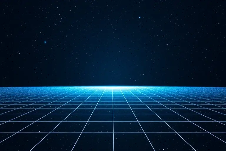 A minimalist, scientifically accurate illustration of a flat universe: a 2D grid representing spacetime extending infinitely in all directions, with evenly spaced galaxies and cosmic microwave background radiation subtly visible as a uniform glow. No curvature, no edges, no boundaries — pure Euclidean geometry. Soft cosmic blues and deep blacks, with faint white dots for distant stars and galaxies. No text, labels, numbers, or symbols.