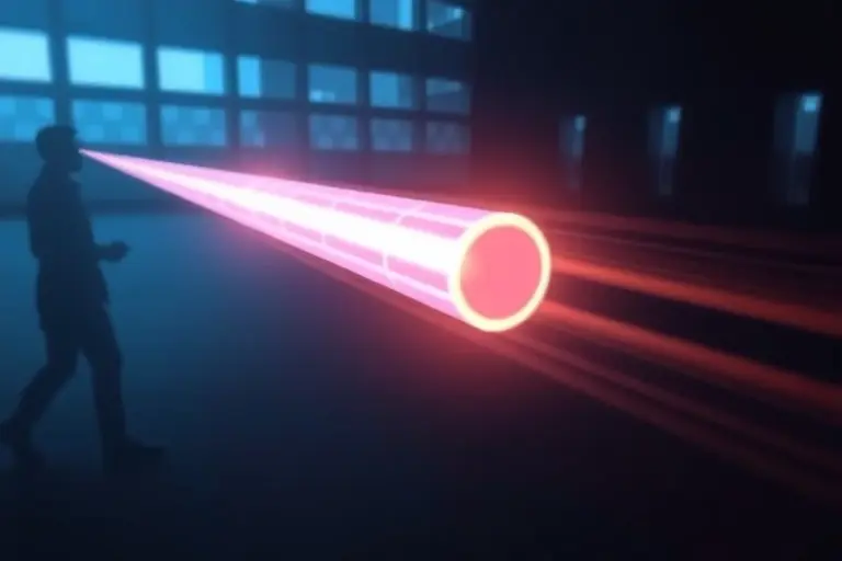 A scientific illustration of a light bullet: a focused, self-sustaining pulse of electromagnetic radiation propagating through a medium, depicted as a bright, compact, cigar-shaped wave packet with subtle internal field oscillations, surrounded by faint concentric ripples indicating nonlinear wave dynamics, set against a dark laboratory background with soft blue-white glow, emphasizing coherence and stability without any text, labels, or symbols