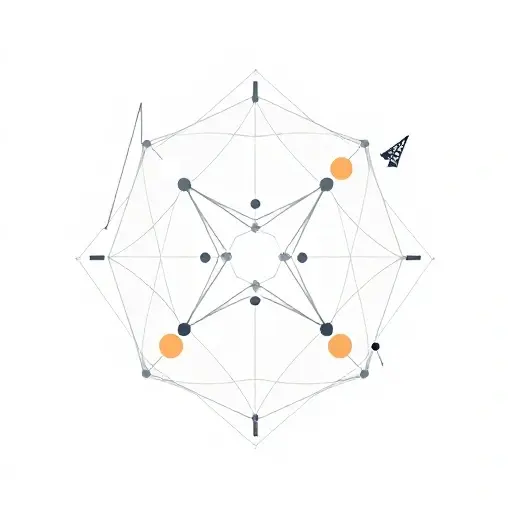 An abstract illustration representing the concept of group theory and algebraic solvability. The image should include geometric shapes and patterns that symbolize mathematical structures, such as interconnected nodes, symmetry, and abstract forms. The color scheme should be minimalistic and focused on conveying the complexity and elegance of mathematical theory.