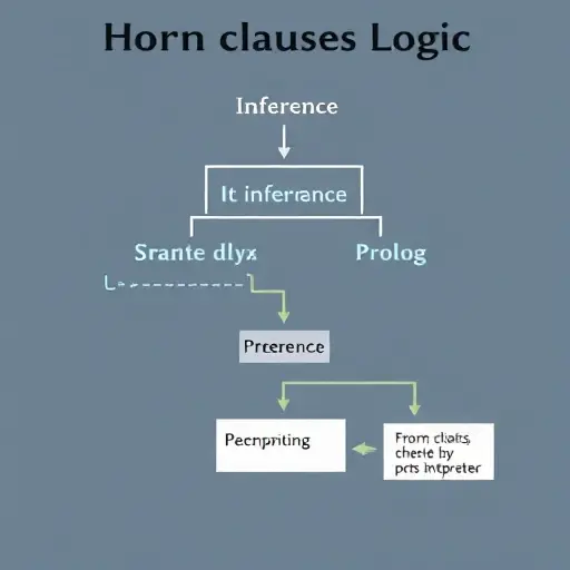 A stylized, abstract representation of Horn clause logic and the Prolog language, featuring a tree-like structure of logical rules with symbolic arrows indicating inference, a subtle depiction of a Prolog interpreter, all rendered in a clean, minimalistic style with no text, letters, or digits.