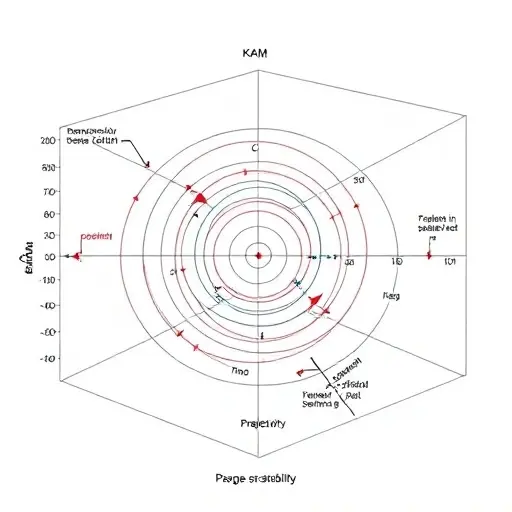 A detailed illustration of a Hamiltonian system with a focus on the concept of KAM (Kolmogorov-Arnold-Moser) theory. Depict a phase space with trajectories, highlighting the regions where quasi-periodic motion is preserved. Include visual representations of tori and their stability. The image should convey the mathematical principles of KAM theory through abstract and visually appealing elements, emphasizing the interplay between energy, momentum, and the system's dynamics.