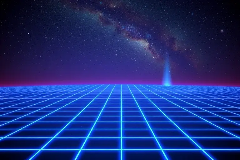 A cinematic, high-resolution visualization of a flat universe. A vast, infinite cosmic grid extending into the distance, representing Euclidean geometry. The grid is composed of glowing neon blue lines intersecting at perfect right angles, overlaid with distant nebulae, swirling galaxies, and shimmering star clusters. A single, perfectly straight beam of light traveling across the grid to illustrate the lack of curvature. Deep space background with a gradient of dark purple and obsidian, etherea