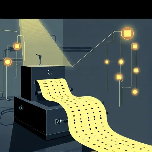 A stylized illustration of a classic Turing machine with a long, scrolling tape extending into the background, showing a head reading and writing symbols represented by simple geometric shapes (dots and squares). The machine sits in a minimalist laboratory setting with abstract circuitry and glowing nodes that evoke the idea of recursive enumeration. Light beams trace the flow of computation, emphasizing the concept of recognizing recursively enumerable sets without any textual labels.