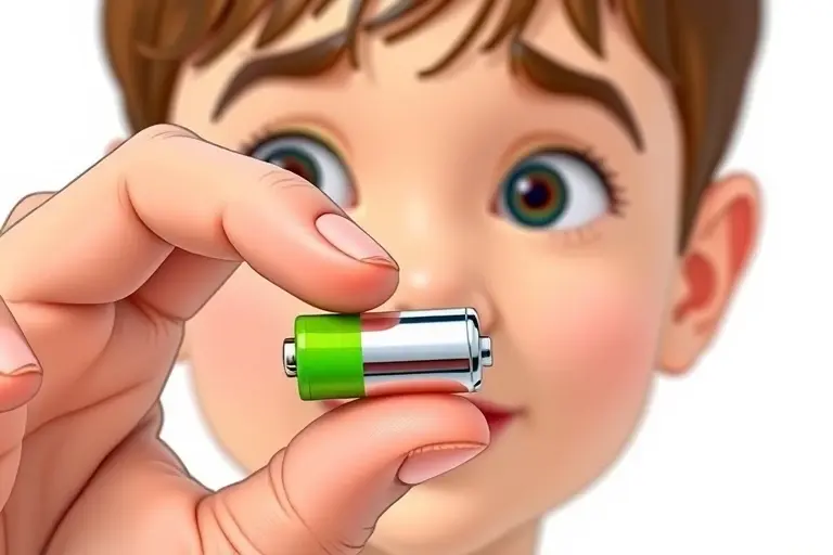 A close-up of a hand holding a small alkaline battery, with a curious expression on a child's face looking at it, bright educational illustration style, vibrant colors, clean background