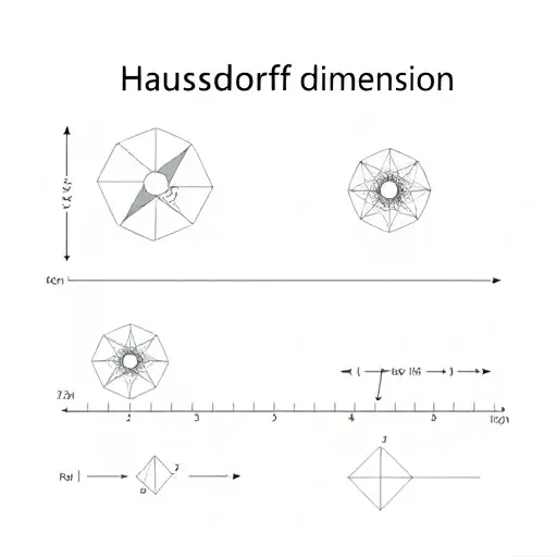 A minimalist mathematical illustration showing the concept of Hausdorff dimension, featuring abstract geometric shapes like fractal patterns, scales, and measurement lines, with a clean white background and subtle scientific diagrams, no text or numbers visible