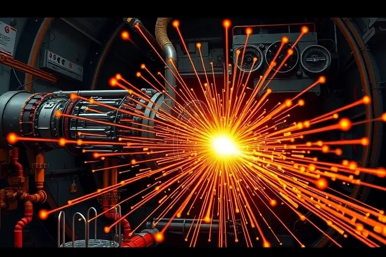 A highly detailed and scientifically accurate depiction of the Large Hadron Collider (LHC) at CERN, focusing on the detection and measurement of the Higgs boson particle. The image should show the intricate machinery and detectors, such as ATLAS or CMS, with beams of particles colliding and producing a shower of secondary particles. The scene should convey the high-precision nature of the experiments and the advanced technology used to measure the lifetime of the Higgs boson.