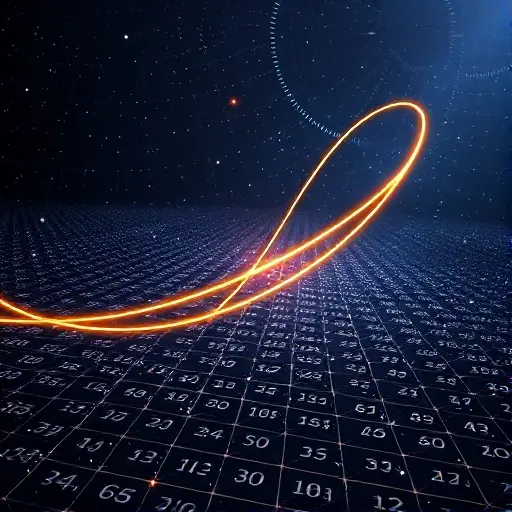 An abstract mathematical visualization of elliptic curves over number fields. Elegant, glowing geometric curves intersecting on a complex multidimensional grid. Shimmering mathematical symbols and ethereal light patterns floating in a deep cosmic void, representing theoretical number theory, high precision, cinematic lighting, 8k resolution, mathematical beauty.