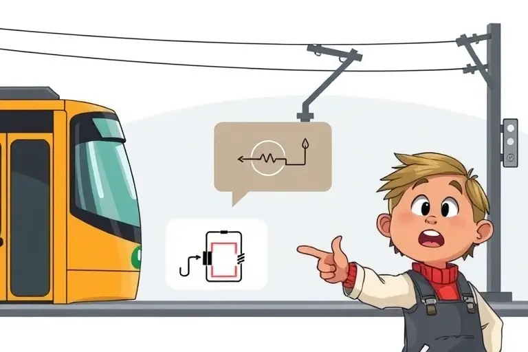 A high-quality illustration showing a tram with a single overhead wire, a simple diagram of an electric circuit, and a curious child pointing at it, all in a clean educational style