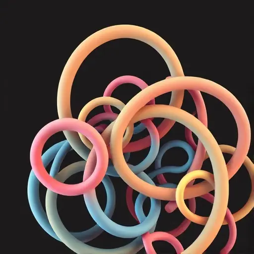 A complex, interwoven network of torus shapes in varying sizes and colors, rendered with smooth gradients and subtle lighting to emphasize their three-dimensional form. The background should be a dark, neutral tone to make the tori stand out. Focus on the geometric beauty and interconnectedness of the structures.