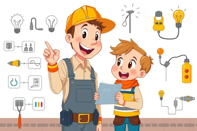 A high-quality educational illustration showing a friendly electrician explaining basic electrical concepts to a curious child, with clear diagrams of circuits, wires, and safety symbols, bright colors, no text or numbers, no logos, no NSFW content