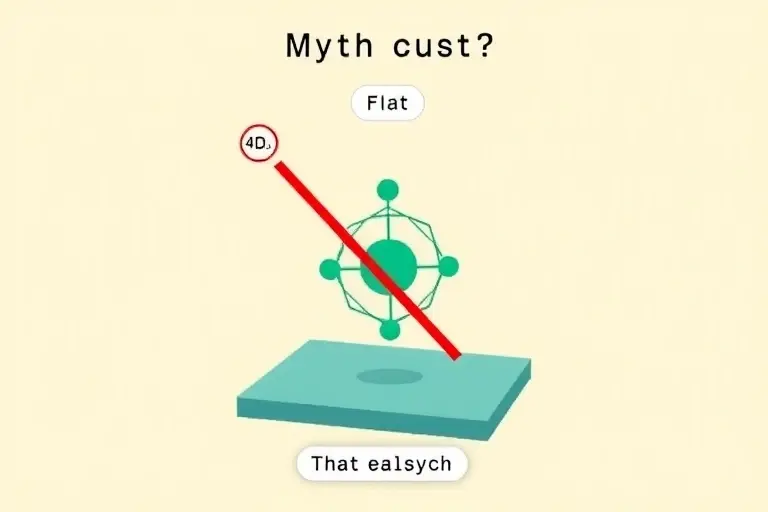 A scientifically accurate illustration showing a flat molecule debunked as a myth, featuring a clear 2D molecular structure being revealed as a 3D shape, with a myth-busting label and a subtle 'flat earth' metaphor, all in a clean, educational style