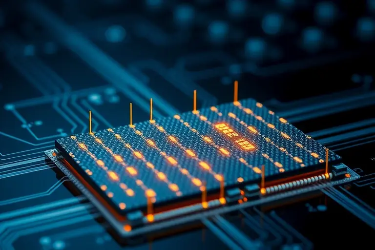 A futuristic analog AI chip architecture based on graphene memristors, showing interconnected nanoscale memristor nodes arranged in a crossbar array on a graphene substrate, with glowing synaptic connections mimicking neural networks, subtle circuit traces, and a dark high-tech background with soft blue and silver luminescence, emphasizing analog computation and neuromorphic design