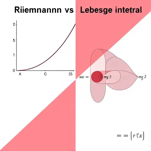 A visual comparison of Riemann and Lebesgue integrals. The image should be split into two distinct halves. The left half depicts a function with a clearly defined area under the curve, representing the Riemann integral. The right half depicts a more complex function with areas that are harder to define, representing the Lebesgue integral. Use color to differentiate the areas and highlight the concept of partitioning. Include mathematical symbols like ∫ and Δx to represent the integral notation.