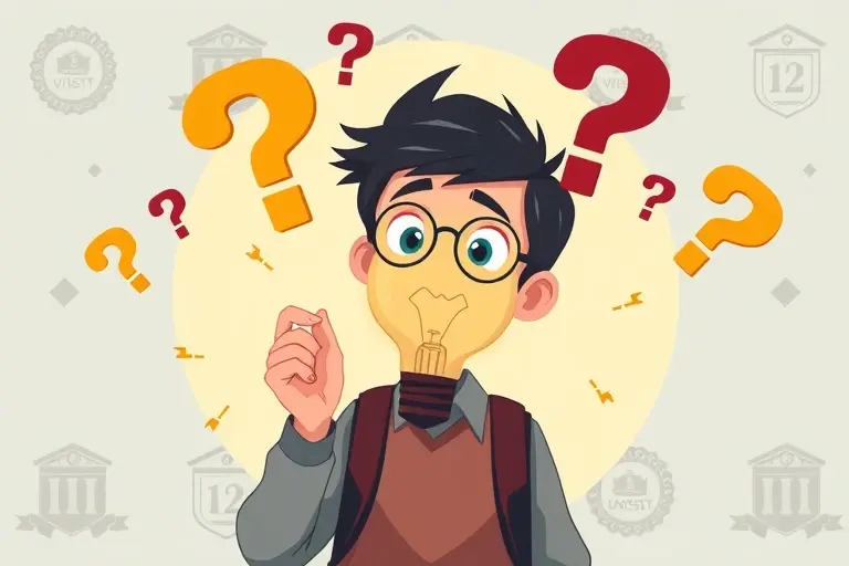 A high-quality illustration of a curious student holding an old-fashioned light bulb, surrounded by floating question marks and subtle electric spark motifs, set against a clean academic background with university insignia, no text or numbers visible