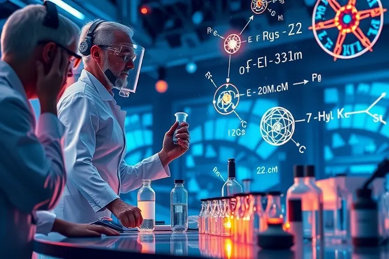 A futuristic laboratory scene with scientists observing glowing particles and abstract equations floating in the air, representing breakthrough physics concepts and new technologies, high detail, vibrant colors, dynamic composition