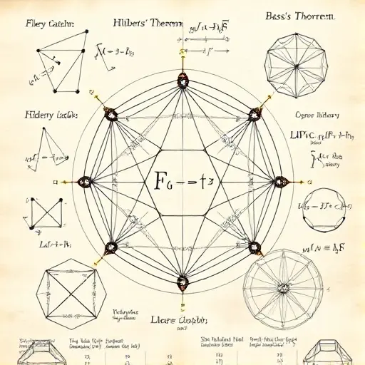 A detailed illustration of a mathematical proof process, featuring a series of interconnected geometric shapes and abstract symbols representing the steps of the proof. The central focus should be on a large, prominent symbol or equation representing the Hilbert's Basis Theorem, surrounded by smaller, intricate mathematical notations and diagrams that illustrate the theoretical foundations of invariant theory. The overall composition should convey a sense of depth and complexity, with a harmonio