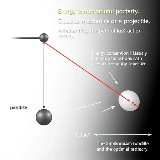 A dynamic illustration depicting a classical mechanical system, such as a pendulum or a projectile, with a clear visual representation of the Hamiltonian function and its role in determining the optimal trajectory. The image should show energy conservation and the path of least action. Focus on conveying the abstract concepts of classical mechanics in a visually engaging way.