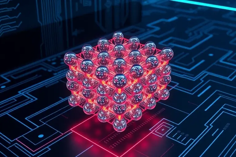 A futuristic quantum computing visualization showing Abrikosov vortices in a superconductor being transformed into stable qubits, with quantum states represented as glowing, spinning vortex cores arranged in a lattice, connected by delicate entanglement lines, set against a dark, high-tech laboratory background with subtle circuit patterns and cryogenic cooling elements, all rendered in a clean, high-detail scientific illustration style