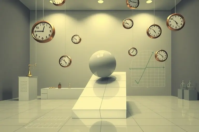 A surreal scientific illustration depicting a paradoxical physics scenario: a ball rolling uphill without external force, surrounded by floating clocks and distorted space-time grids, in a minimalist laboratory setting with soft ambient lighting, no text or numbers