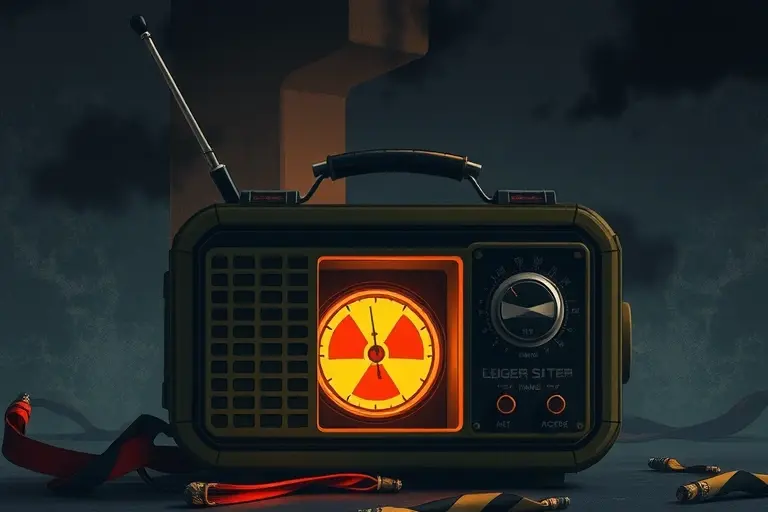 A dramatic, stylized illustration depicting a vintage radio with a Geiger counter displaying a high radiation reading. The background should be a dark, slightly hazy environment suggesting a post-apocalyptic or abandoned setting. Focus on conveying a sense of danger and mystery.