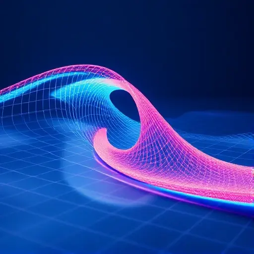 A visually striking representation of a Korteweg-de Vries (KdV) equation soliton. Depict a wave-like structure propagating through a fluid medium, showcasing its characteristic shape and stability. The soliton should be vibrant and clearly defined, demonstrating its self-sustaining nature. Include subtle visual cues suggesting the underlying mathematical principles, such as a faint grid or field lines representing the potential energy landscape. Focus on the wave's form and motion, emphasizing i