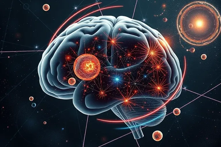 A high-quality scientific illustration showing the Amygdala Effect in the context of dark matter research, featuring abstract brain-like structures intertwined with cosmic elements such as dark matter halos, galaxies, and particle collision patterns, rendered in a futuristic, semi-realistic style with glowing particles and subtle neural network motifs