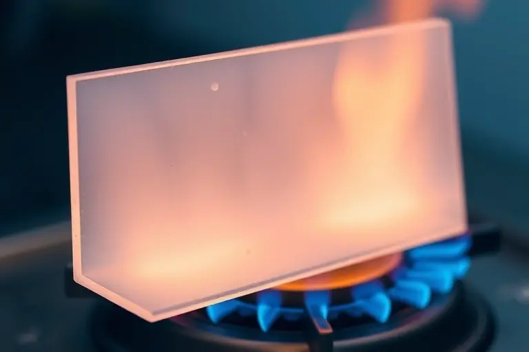 A high‑resolution scientific illustration of a translucent fire‑resistant aerogel panel positioned in front of a blue‑flame gas burner, clearly showing the flame being stopped at the aerogel surface with subtle heat distortion and a faint glow, realistic lighting and texture, no text or lettering