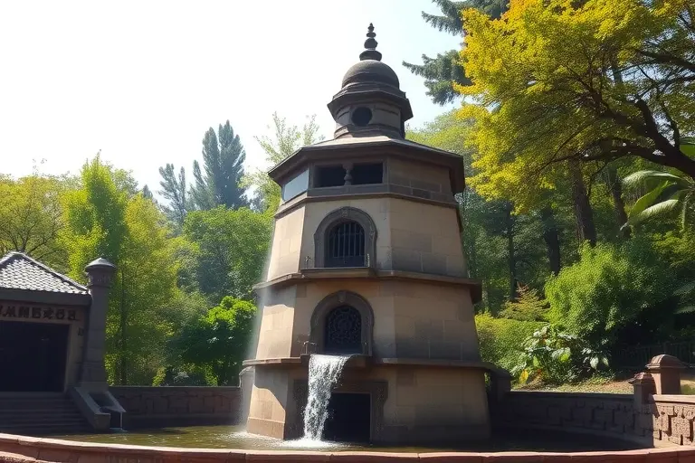 An ancient cooling tower (gradirnya) with water flowing down its stone structure, surrounded by lush greenery and a hot sunny day, creating a cool, misty atmosphere around it, architectural detail in traditional style, no people, no text