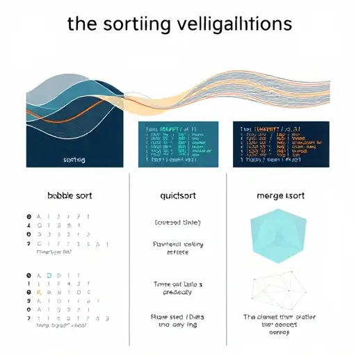A conceptual illustration comparing data sorting algorithms, featuring abstract representations of sorting processes like bubble sort, quicksort, and merge sort visualized through flowing lines, color-coded data streams, and geometric patterns showing time complexity differences, set against a clean, minimalist background with subtle academic tone