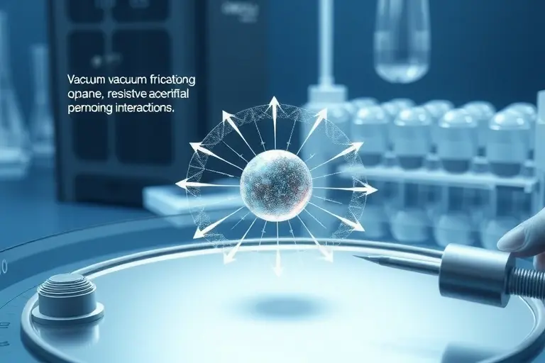 A scientific illustration depicting vacuum friction and quantum braking of nanoparticles: show a nanoscale particle suspended in a vacuum chamber, with subtle quantum fluctuations visualized as faint, probabilistic wave-like disturbances around it, and arrows indicating resistive forces opposing motion due to vacuum interactions; include a microscopic sensor or probe nearby measuring displacement or force, with clean lab equipment in the background; color palette of cool blues and silvers to emp