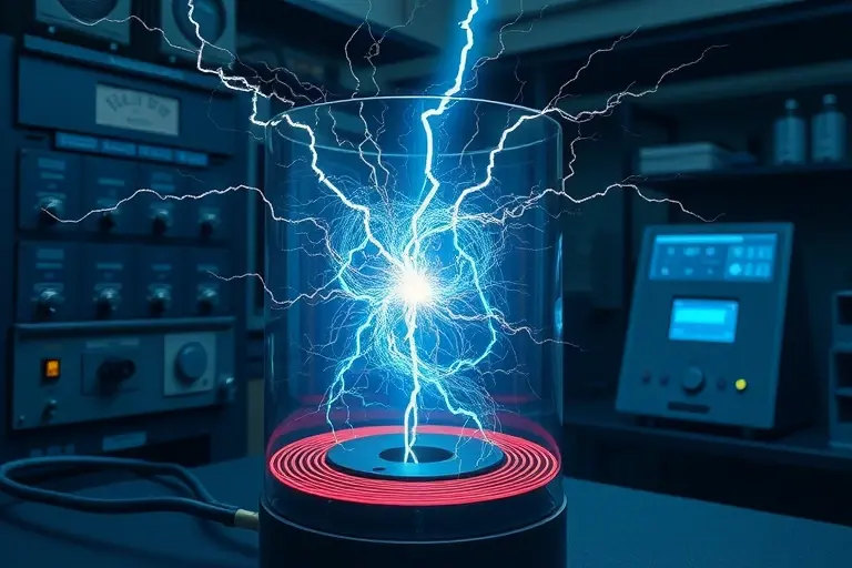 A detailed scientific illustration of a plasma solenoid generating mini-lightning bolts in a laboratory setting, showing a cylindrical coil with glowing plasma filaments inside, electrical discharges arcing between electrodes, high-voltage equipment in the background, and a dark lab environment with subtle blue-white plasma luminescence, emphasizing the formation mechanism of miniature lightning in controlled plasma conditions