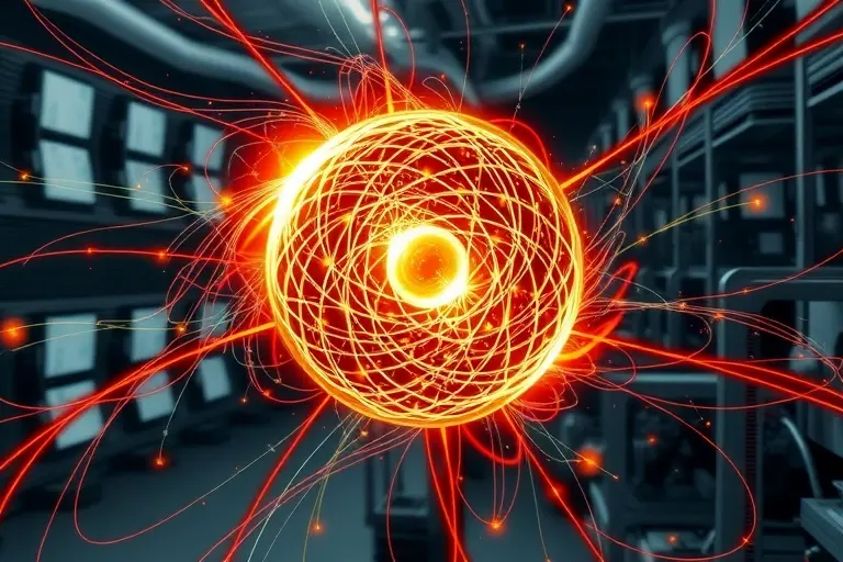 A conceptual illustration of the Higgs boson particle represented as a glowing, abstract sphere with intricate patterns, surrounded by a dynamic, swirling field of energy. The background should depict a scientific laboratory setting with particle detectors and collider equipment, symbolizing the precision measurements and their importance in the Standard Model of particle physics.