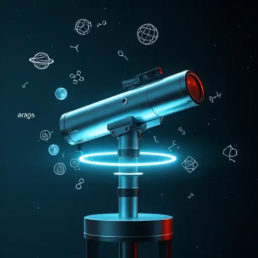 A futuristic telescope called AragoScope that appears to levitate and emit a soft glowing aura, surrounded by floating scientific symbols like wave equations and particle diagrams, with a sleek metallic design and subtle holographic projections, set against a dark space background with faint starfield
