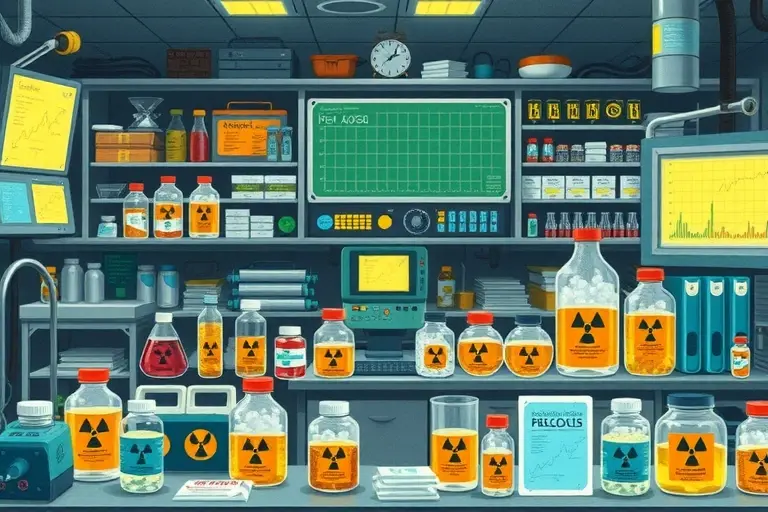 A detailed illustration depicting a scientific laboratory setting with various radioactive materials and equipment. Include elements like Geiger counters, sample containers, and data displays. The scene should convey the process of radioisotope dating. Focus on accurate scientific representation.