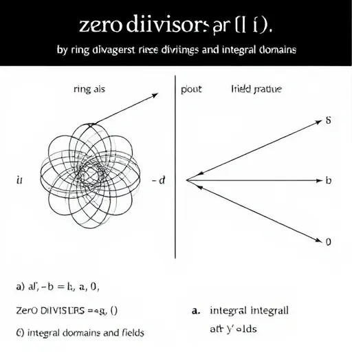 An abstract algebraic diagram illustrating zero divisors in rings and integral domains, with symbolic representations of ring elements, a field structure with a clear axiomatic prohibition (e.g., a crossed-out zero product symbol), and contrasting visual metaphors: one side showing tangled, intersecting lines representing zero divisors in a ring, the other side showing clean, separate, non-intersecting paths symbolizing integral domains and fields; subtle mathematical notation like 'a·b=0, a≠0,
