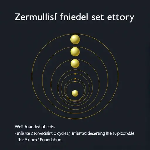 A visual representation of the cumulative hierarchy of sets in Zermelo-Fraenkel set theory, with each level depicted as a nested structure of circles or spheres, illustrating the concept of well-founded sets. The image should emphasize the hierarchical nature and the prevention of infinite descending chains or cycles, symbolizing the Axiom of Foundation.