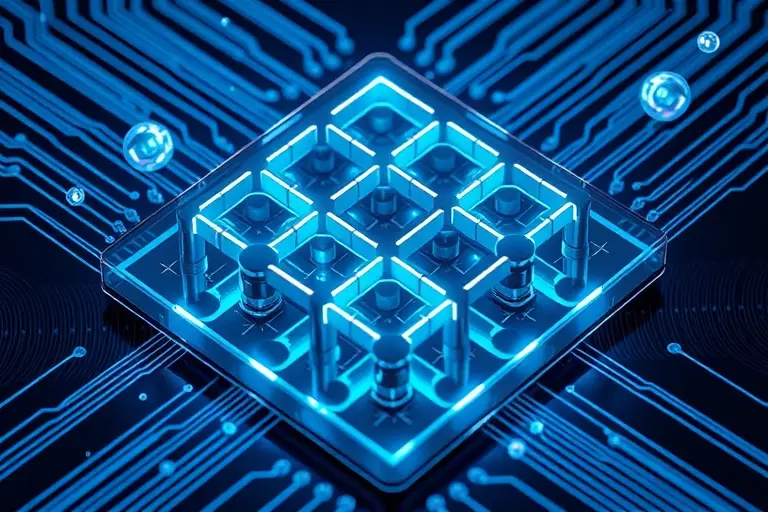 A futuristic topological photonic chip with intricate waveguide patterns forming non-trivial topological structures, glowing with soft blue and cyan light, embedded in a silicon substrate, surrounded by subtle quantum entanglement symbols and fiber-optic connections, representing advanced quantum computing and communication applications, high detail, scientific visualization style